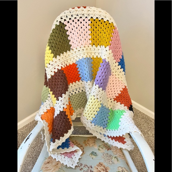 Vintage Other - SOLD Vintage Granny Square Crocheted/Knitted Blanket